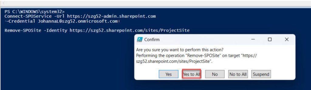 permanently delete sharepoint site powershell