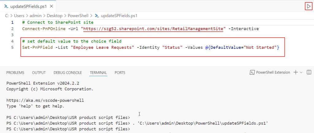 pnp powershell cmd to set default value for sharepoint choice field