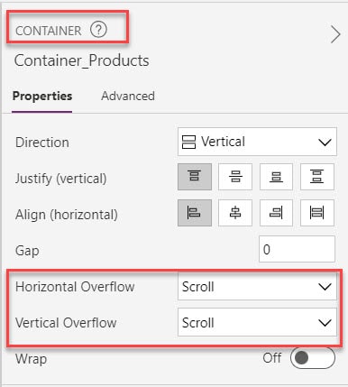 power app scrollable container