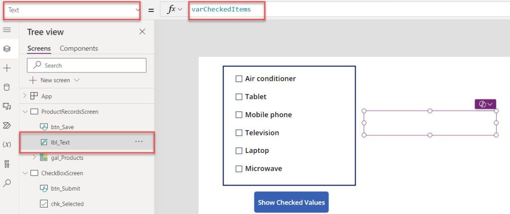 power apps check box checked value