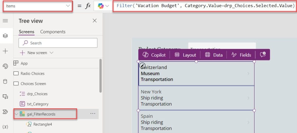 Power Apps Choices Function with Filter