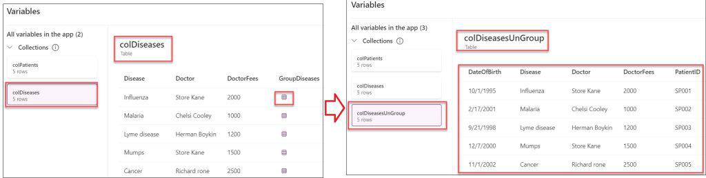 Power Apps Collection UnGroup