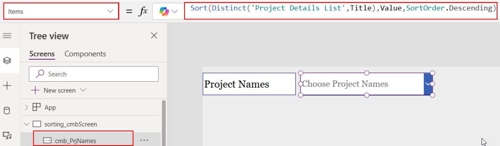 power apps combo box items sort in reverse order