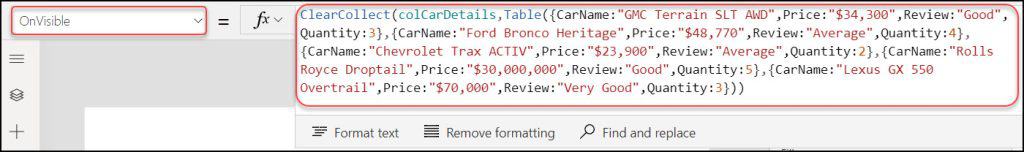 Power Apps Create Table from Collection