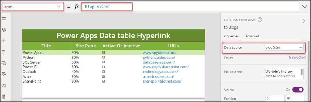 Power Apps Data table add hyperlink 