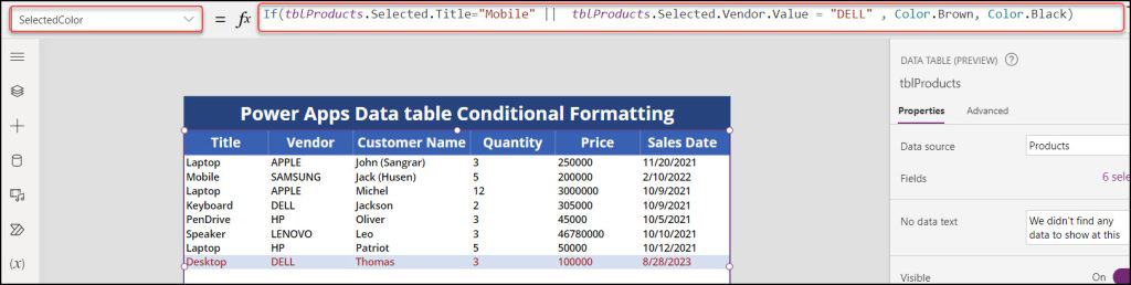 Power Apps Data table conditional formatting based on multiple columns