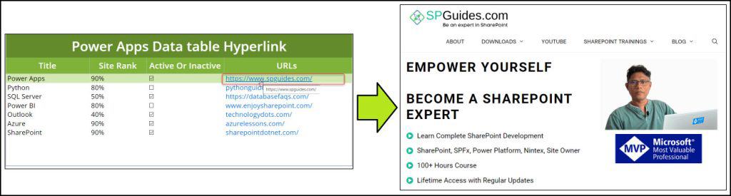 Power Apps Data table hyperlink