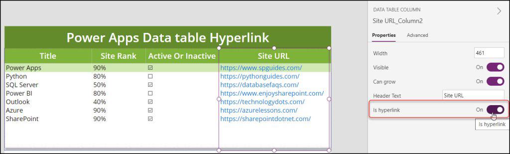 power apps data table hyperlink column