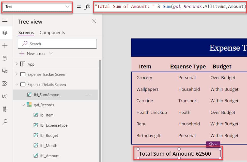 Power Apps Data Table Sum Column using Gallery control