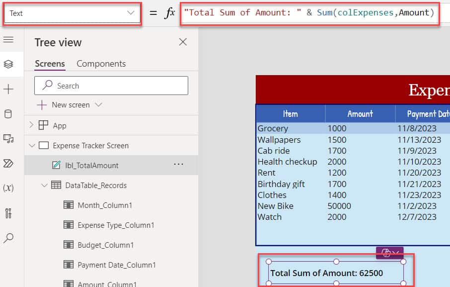 Power Apps Data Table Sum Column using SharePoint List