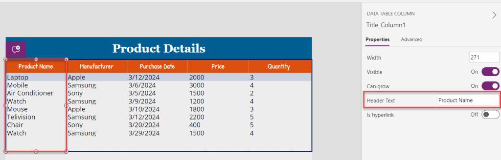 Power Apps datatable update data