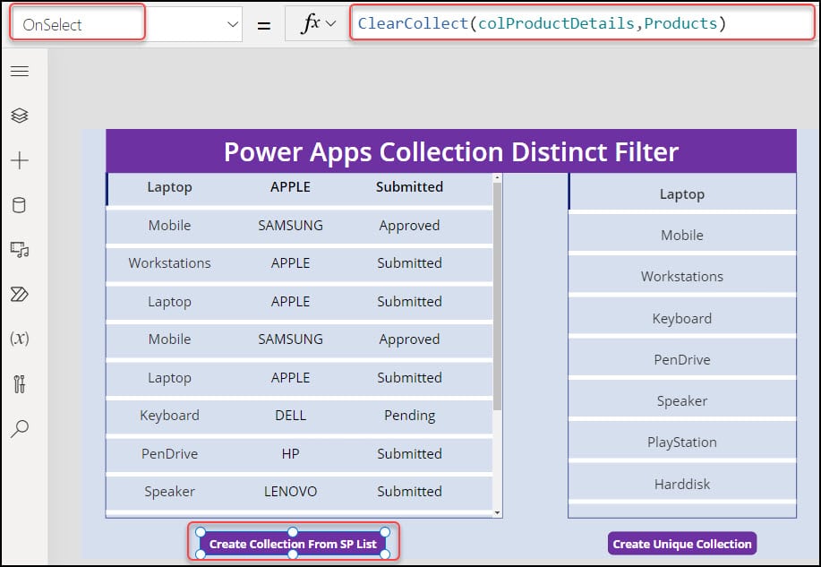 Power Apps Distinct Collection Filter