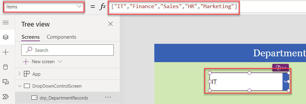 power apps dropdown items