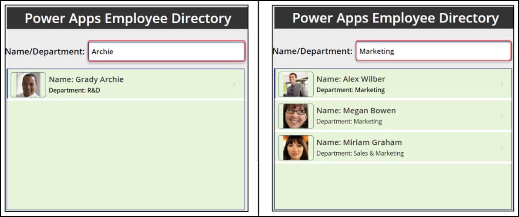 Power Apps Employee Directory Search by Name or Department