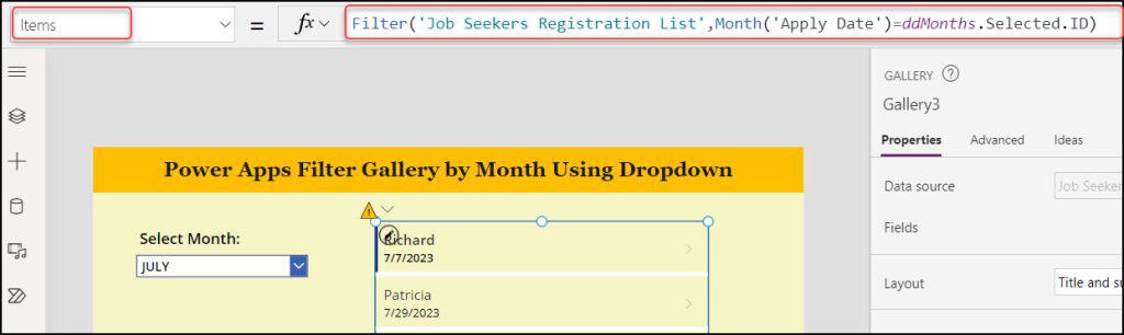 Power Apps Gallery Filter by Month Using Dropdown