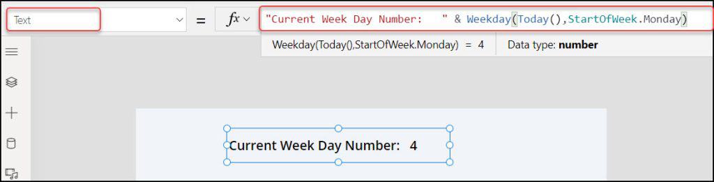 Power Apps Get the Day Number of the Current Week