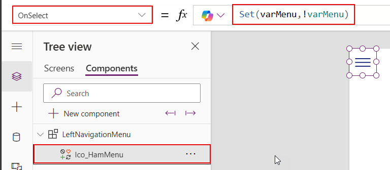 power apps hamburger menu component example