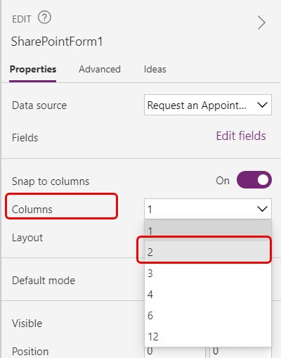 Power Apps list form two column layout