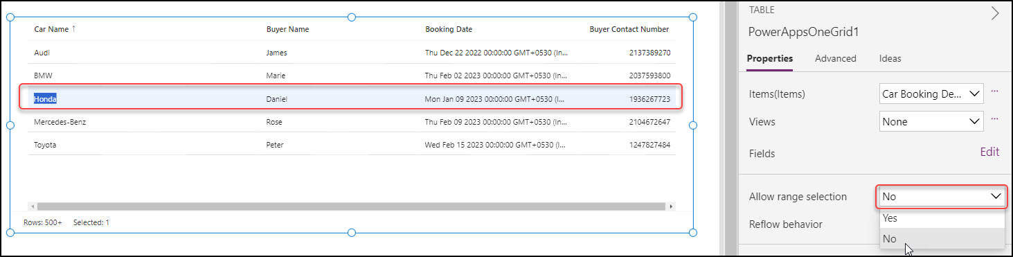 Power Apps Modern Table Properties