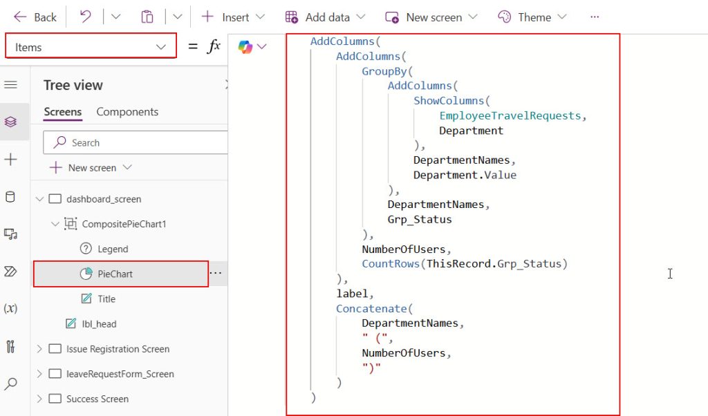 power apps pie chart from sharepoint list choice field