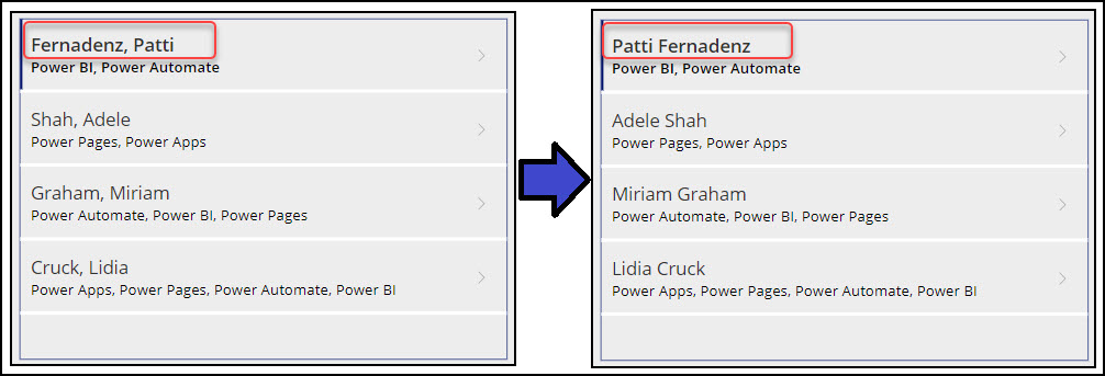 Power Apps Replace first name and last name from SharePoint list