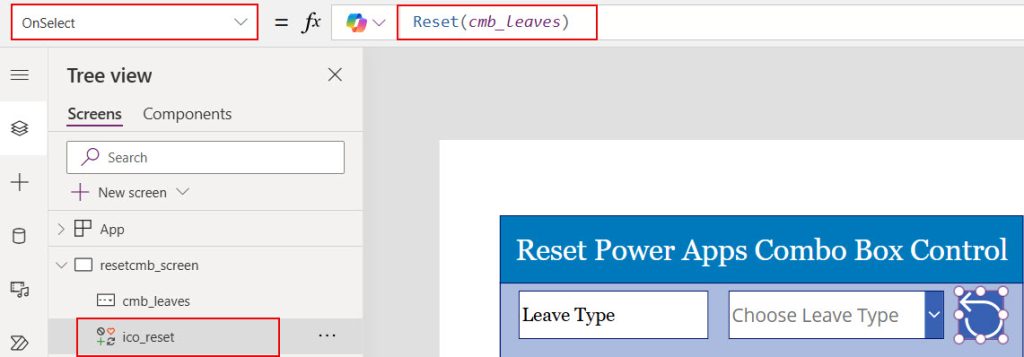 power apps reset combo box