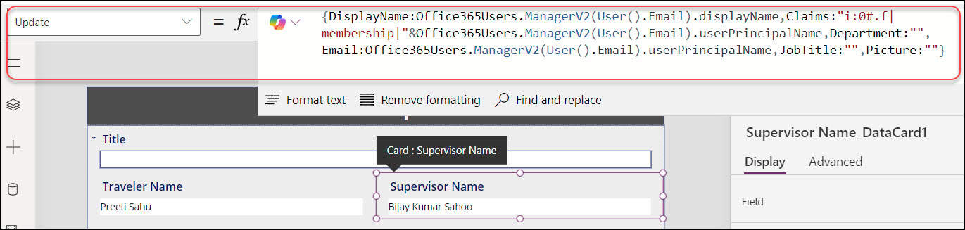 power apps save current user and manager in SharePoint person column