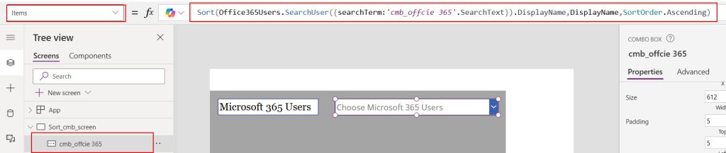 power apps sort combo box values of 365 users