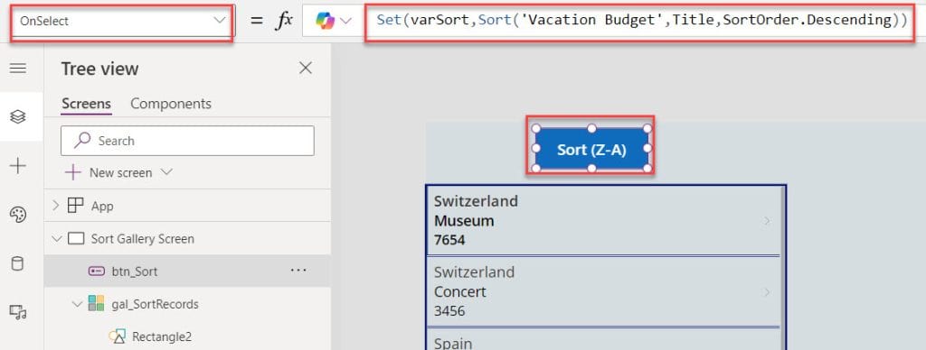 power apps sort gallery by button