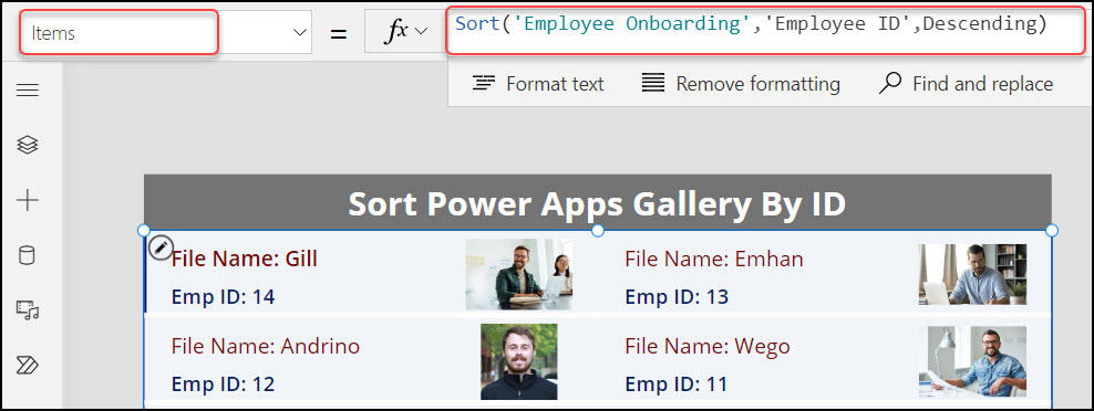 Power Apps sort gallery by id