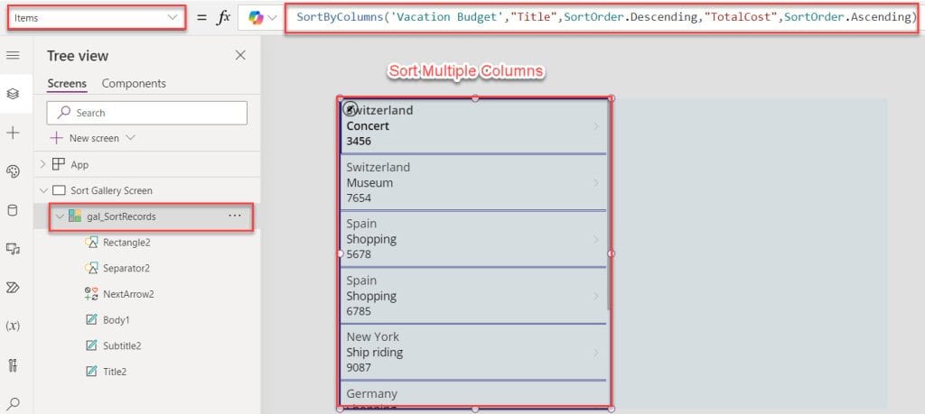 power apps sort gallery by multiple columns