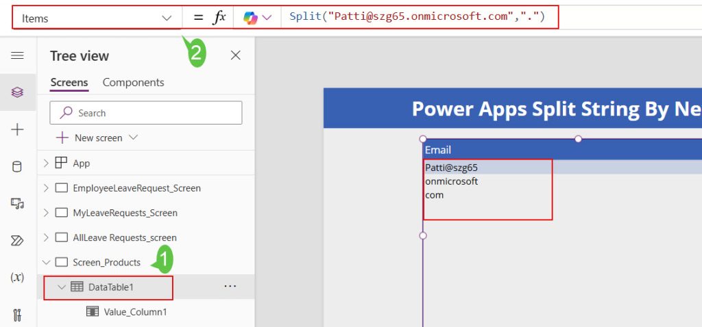 power apps split email