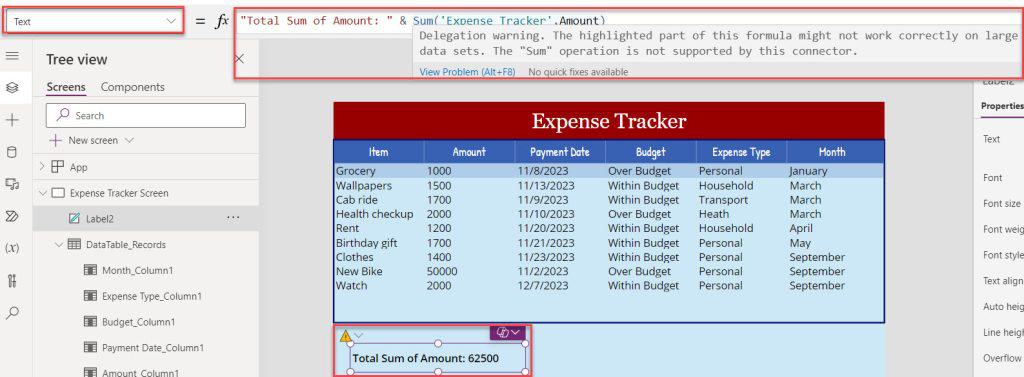 Power Apps sum data table column