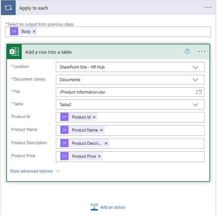 Power automate Add a row to Excel from an array