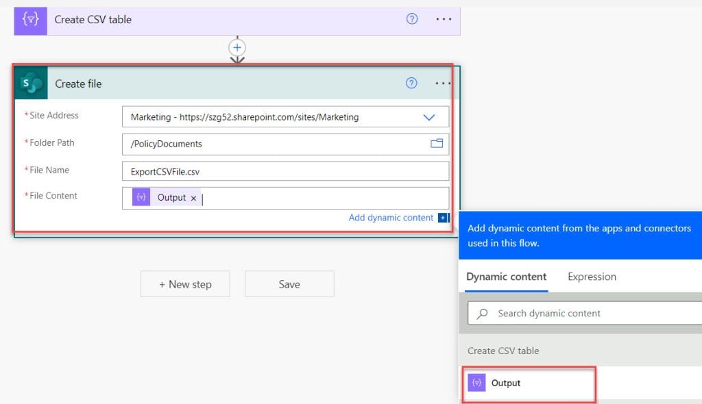 power automate create csv file from sharepoint list