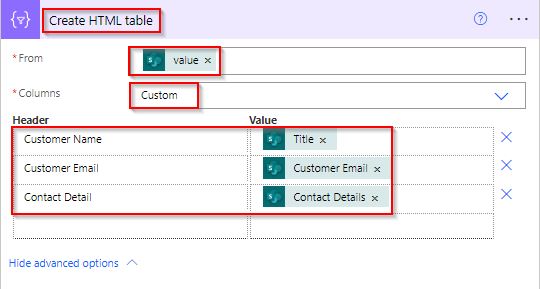 Create HTML table custom columns example power automate