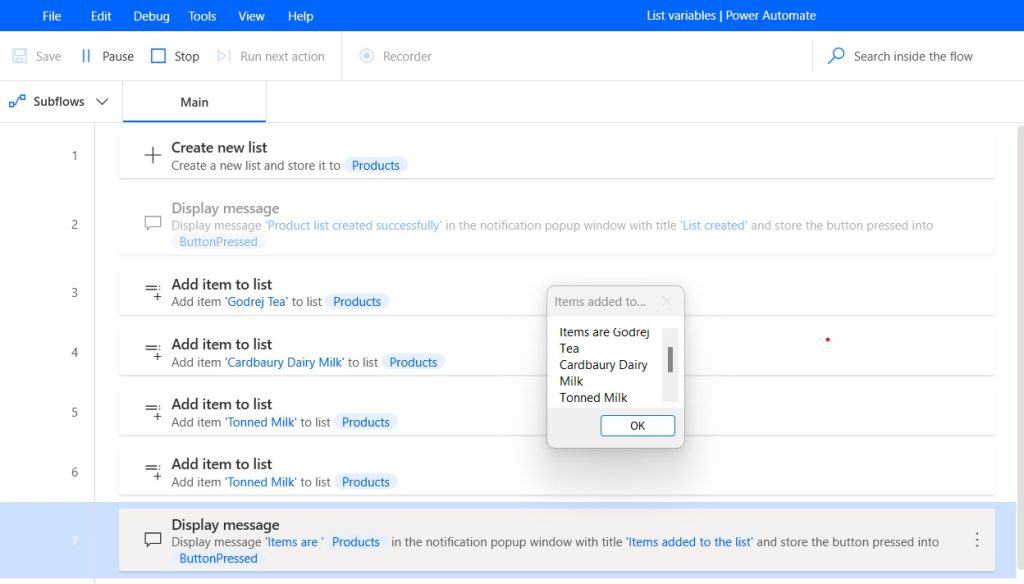 Power Automate Desktop add items to the list variable