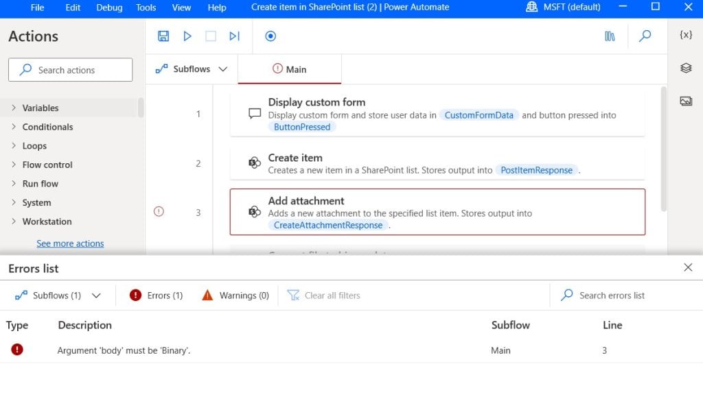 Power automate desktop error 'Argument 'body' must be 'Binary'