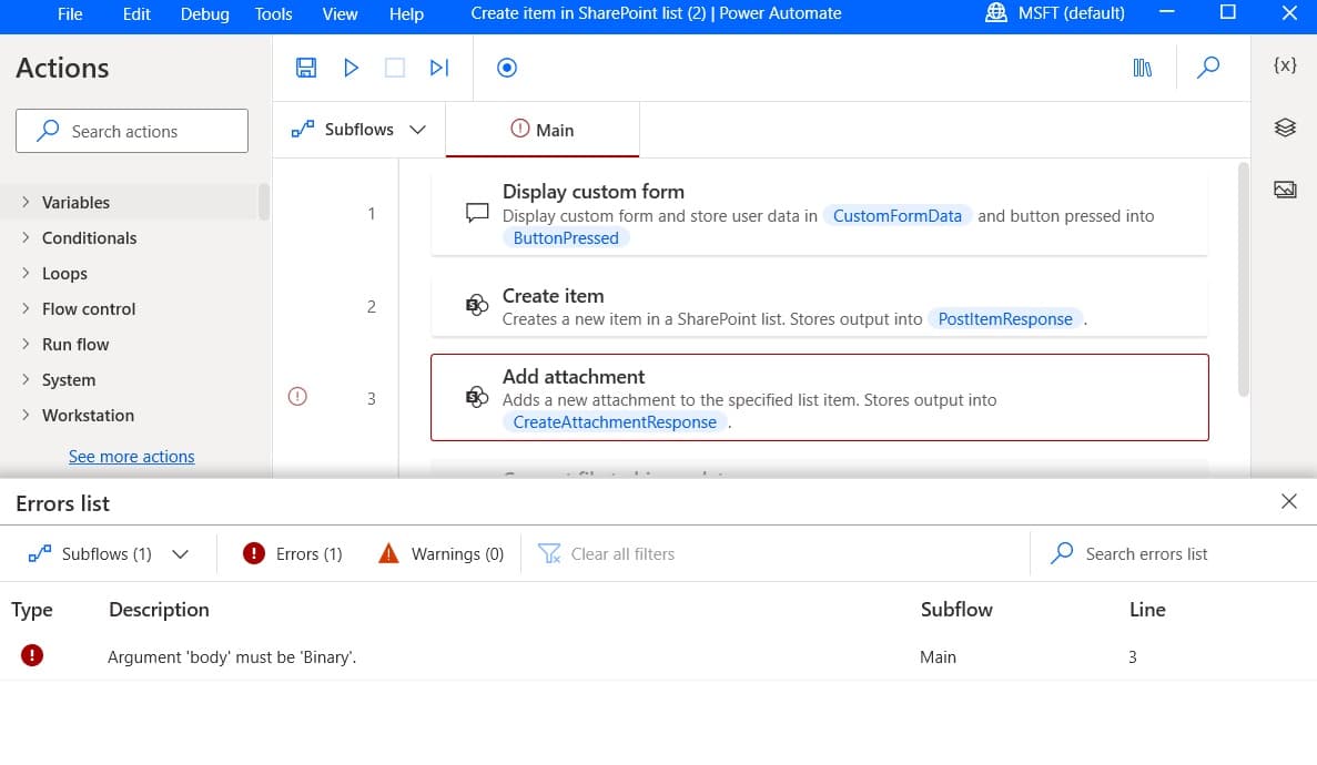 Argument Body must be Binary Power Automate Desktop