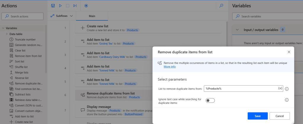 Power Automate Desktop remove duplicate items from the list variable