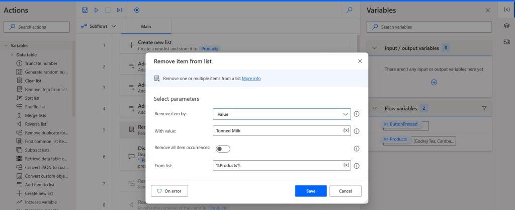 Microsoft Power Automate Desktop remove list items from the list variable