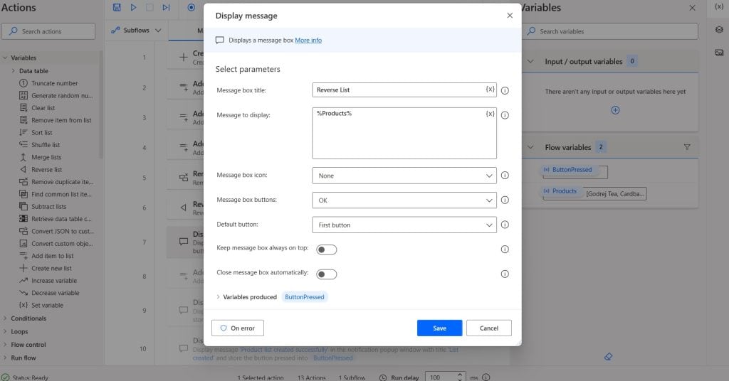 Power Automate Desktop reverse list items from the list variable actions