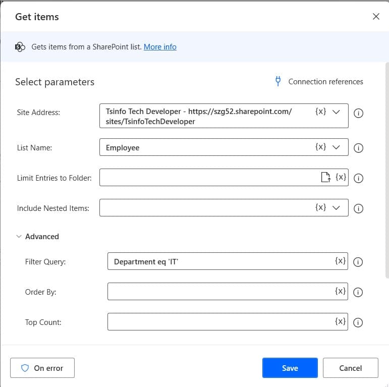 Power Automate Desktop SharePoint Get items Filter query