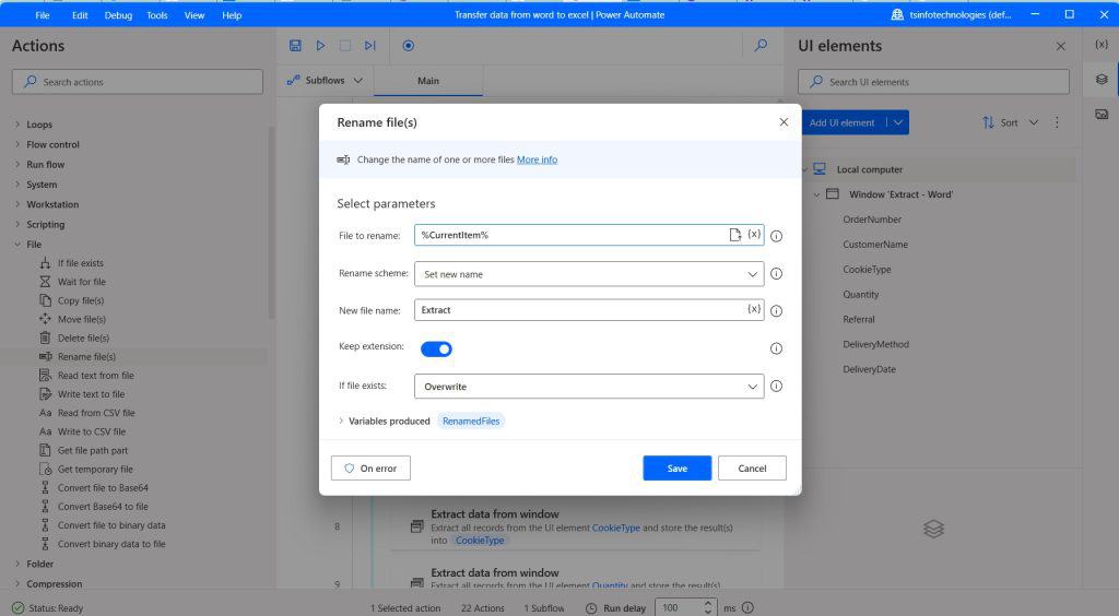 Power Automate Desktop transfer data from Word docs to Excel file