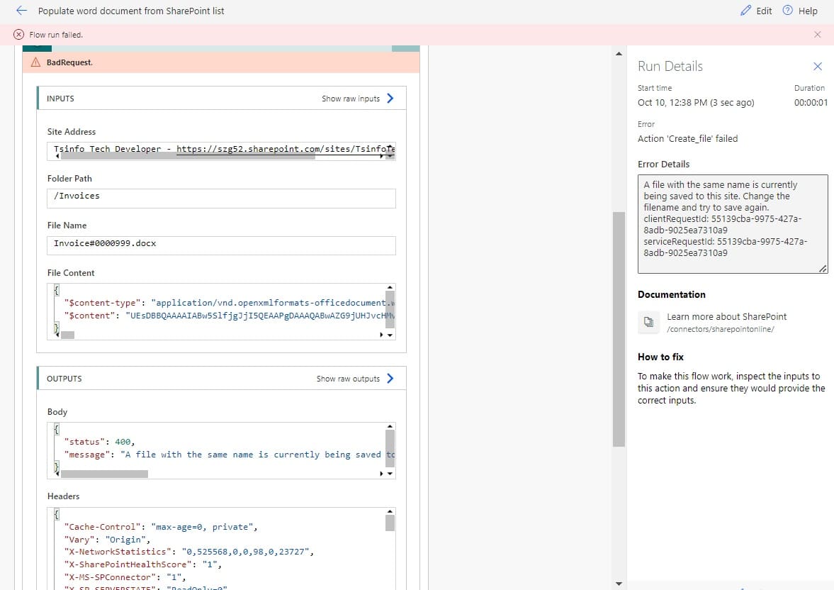 A file with the same name is currently being saved to this site error in Power Automate