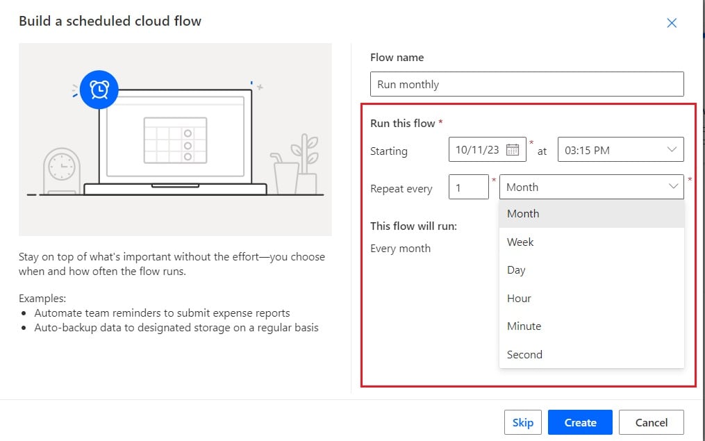 Power Automate recurrence monthly