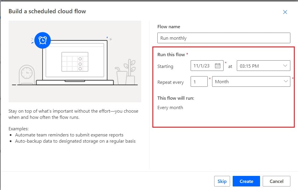 Power Automate recurrence on first day of month