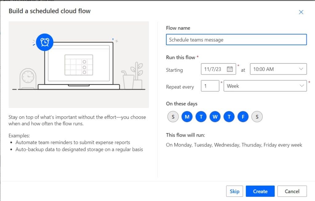 power automate schedule teams message