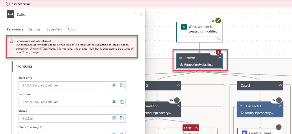 Power Automate unexpected exception encountered when evaluating branching condition