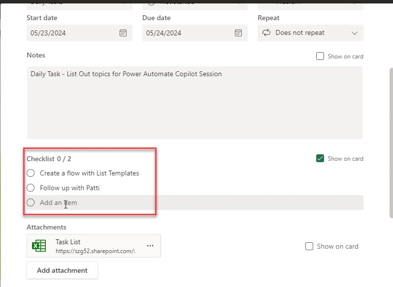 Power Automate update details shown Microsoft planner card